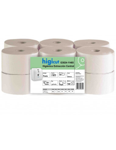 Higicut - Higiénico Extracción Central Pasta Gofrada 2 C 180 m. - Pack 12 u